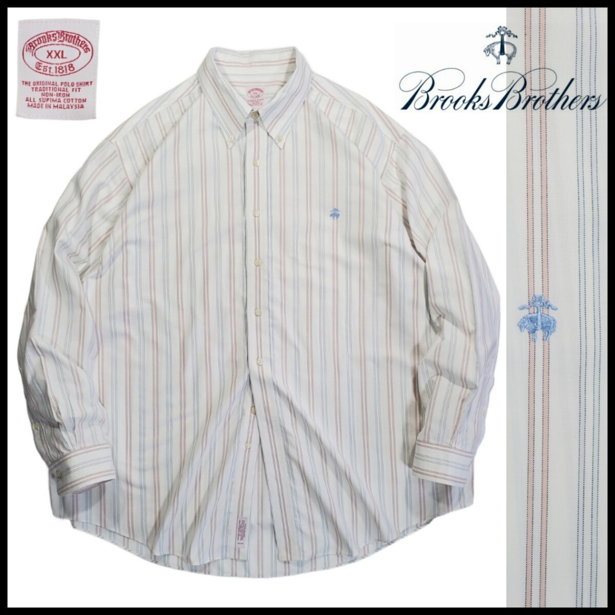 w333/古着 BROOKS BROTHERS Est1818 長袖 XXL ストライプ オックスフォード ボタンダウン ロゴ ブルックスブラザーズ 洗濯プレス ネコポス拍卖