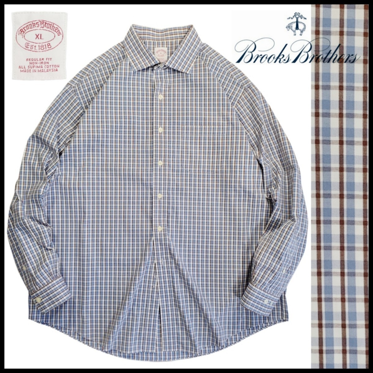 w335/古着 BROOKS BROTHERS Est1818 長袖シャツ XL ワイシャツ ワイドスプレッド チェック柄 ブルックスブラザーズ 洗濯プレス済 ネコポス拍卖