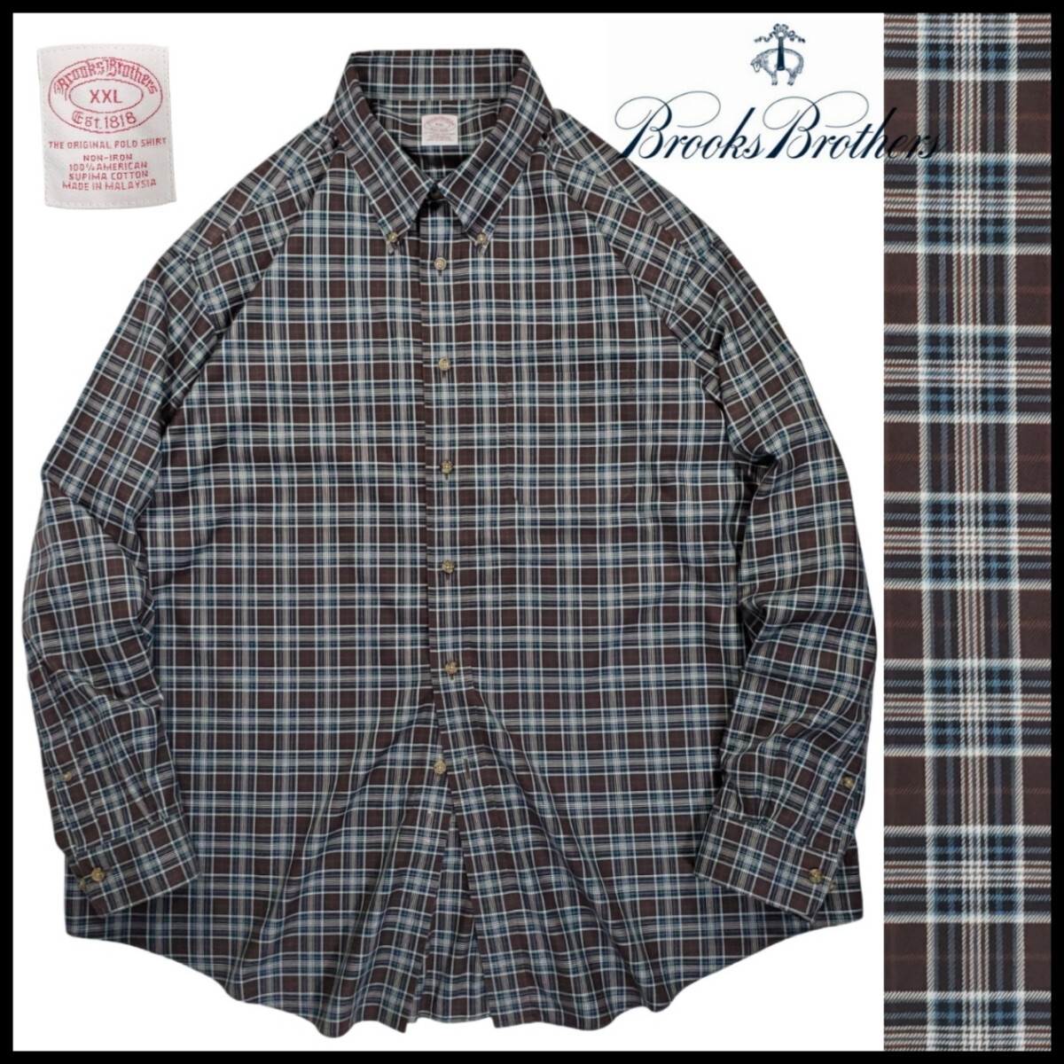 w348/古着 BROOKS BROTHERS Est1818 長袖シャツ XXL ボタンダウン チェック柄 ブルックスブラザーズ 洗濯プレス済 ネコポス可拍卖