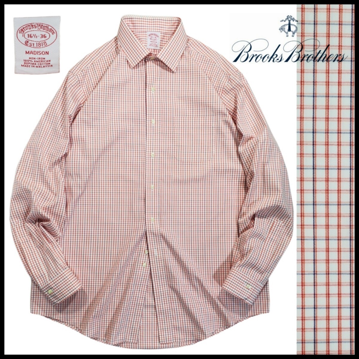 w361/古着 BROOKS BROTHERS Est1818 MADISON 長袖シャツ 16 1/2-36 ワイシャツ 格子柄 ブルックスブラザーズ 洗濯プレス済 ネコポス可拍卖