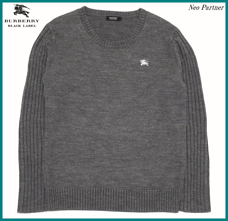 即決 極美品 BURBERRY BLACK LABEL バーバリーブラックレーベル ホース刺繍 リブ編み切替 クルーネック ニットセーター グレー 3 メンズ拍卖