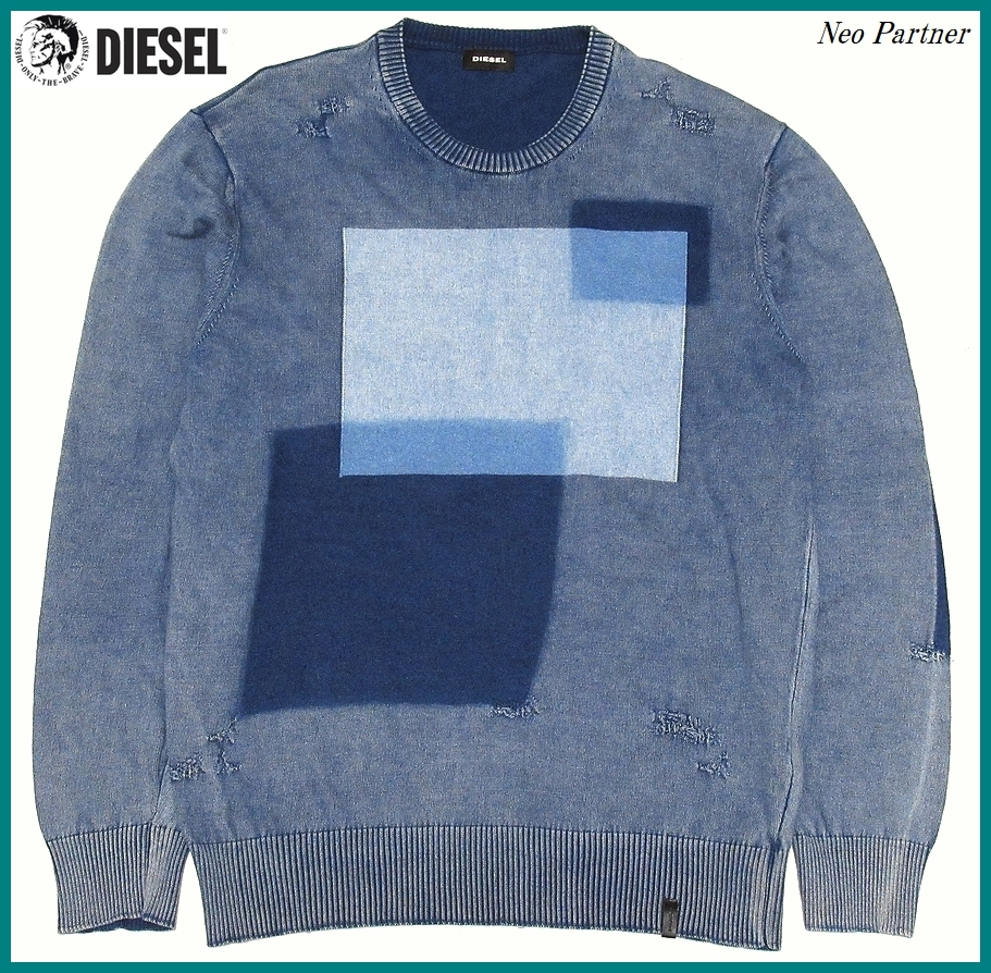 即決 極美品 DIESEL ディーゼル インディゴ ヴィンテージ ダメージ加工 クルーネック コットンニットセーター M 正規品 メンズ拍卖