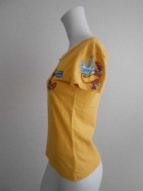 ♪超美品 ダメージ加工 刺繍 ワッペン 半袖 シャツ ロゴ トップス マスタード イエロー レディース 韓国 ファッション バック 腕 綿100% 拍卖