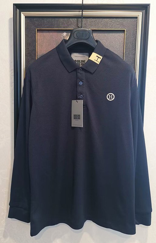 最高級※定価6万◆イタリア・ミラノ発*BOLINI*高級セレブdesigner*豪華シルク/コットン混・長袖ポロシャツ・50/XL・紺拍卖