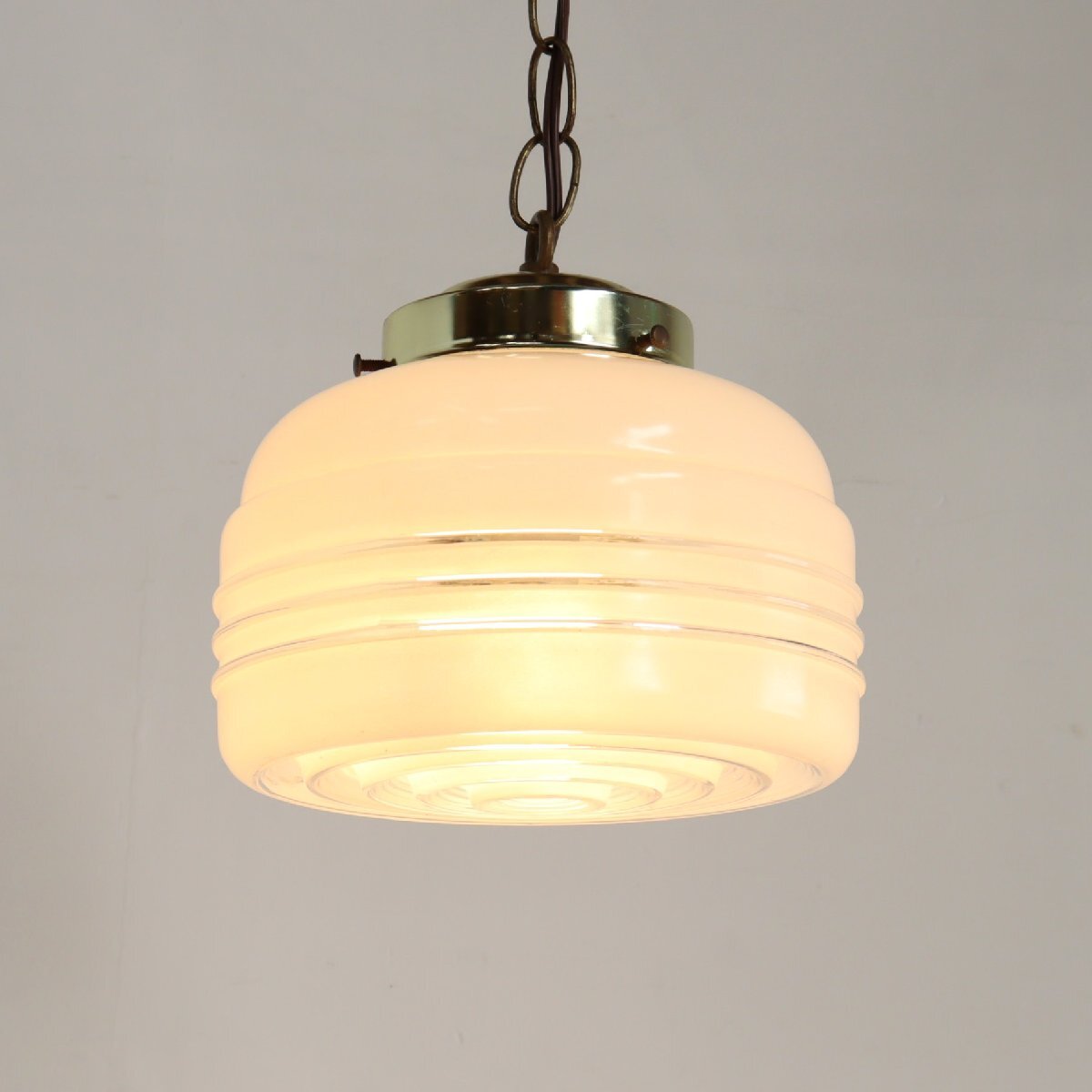 ヴィンテージ ガラス ペンダントランプ/アールデコ アンティーク クリアガラス 吊り下げランプ 照明 乳白色#705-25-281-402拍卖
