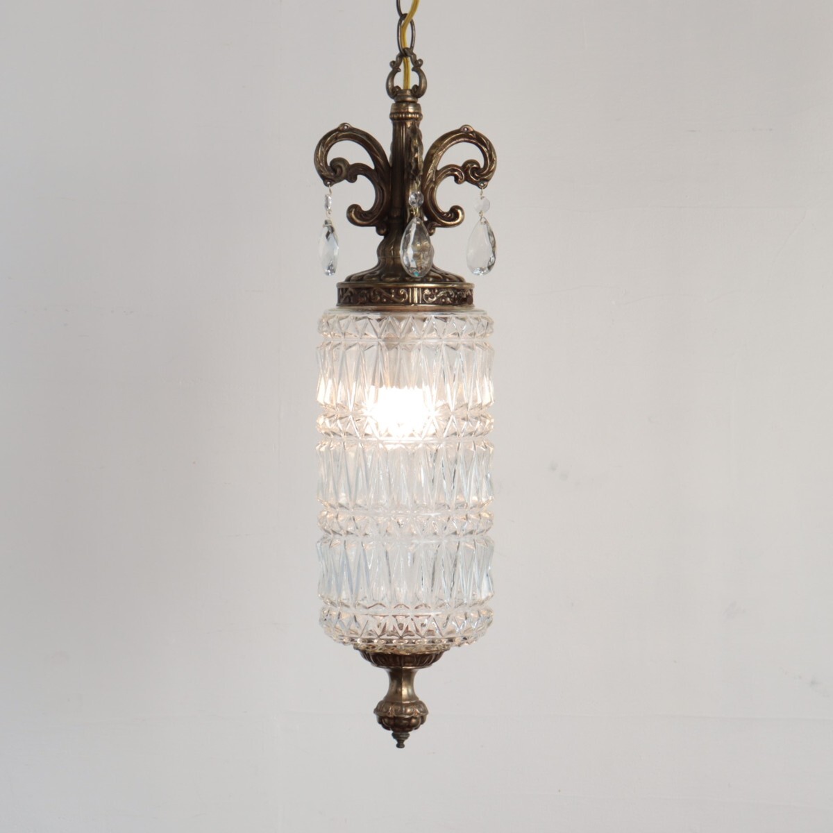 #4282 アメリカ アンティーク 照明 ペンダントランプ カットガラス 吊り下げ 日本製電球交換可 カフェ ヴィンテージ拍卖