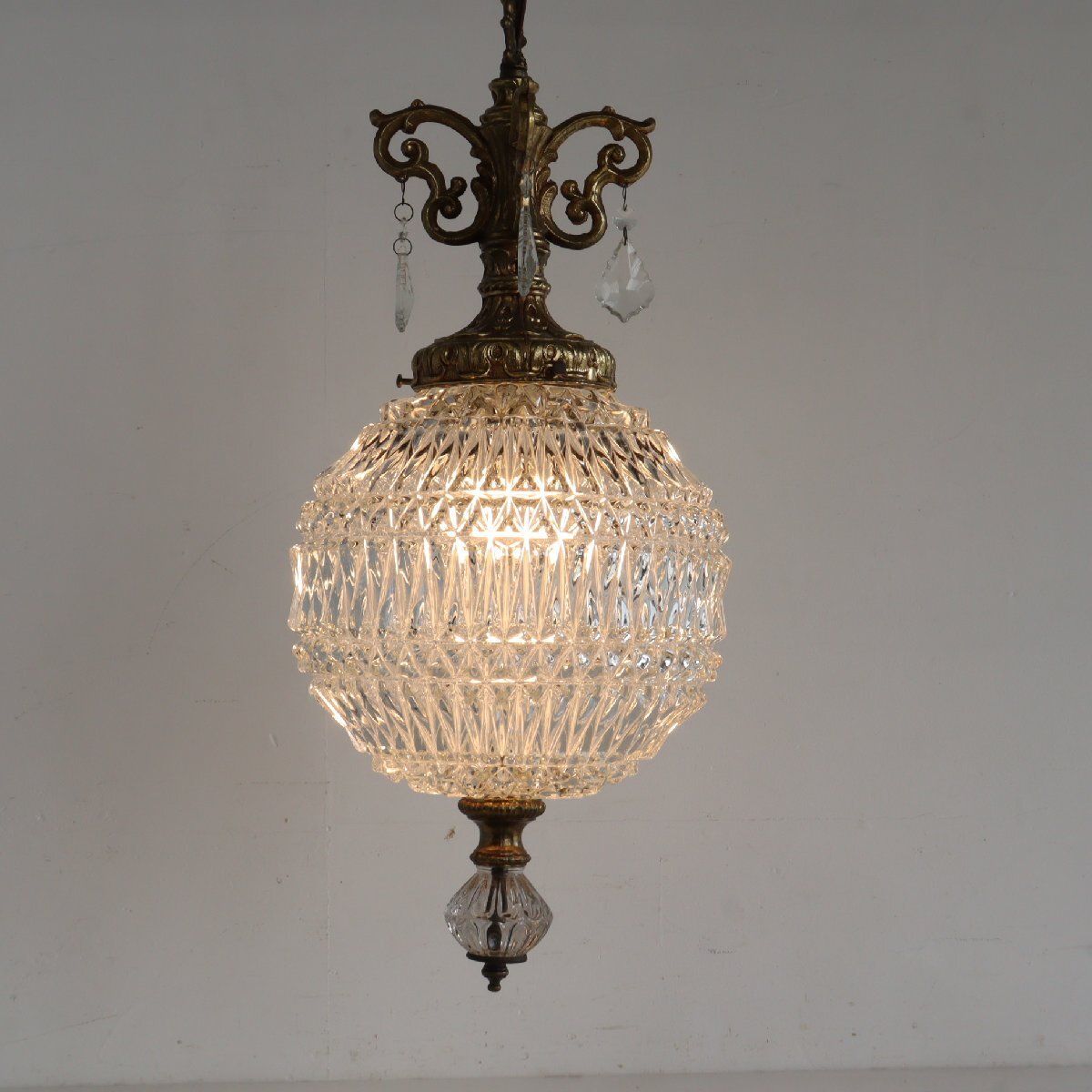60s-70s ヴィンテージ カットガラス ペンダントランプ/アンティーク クリアガラス 吊り下げランプ 照明 シーリング#606-60-285-538拍卖