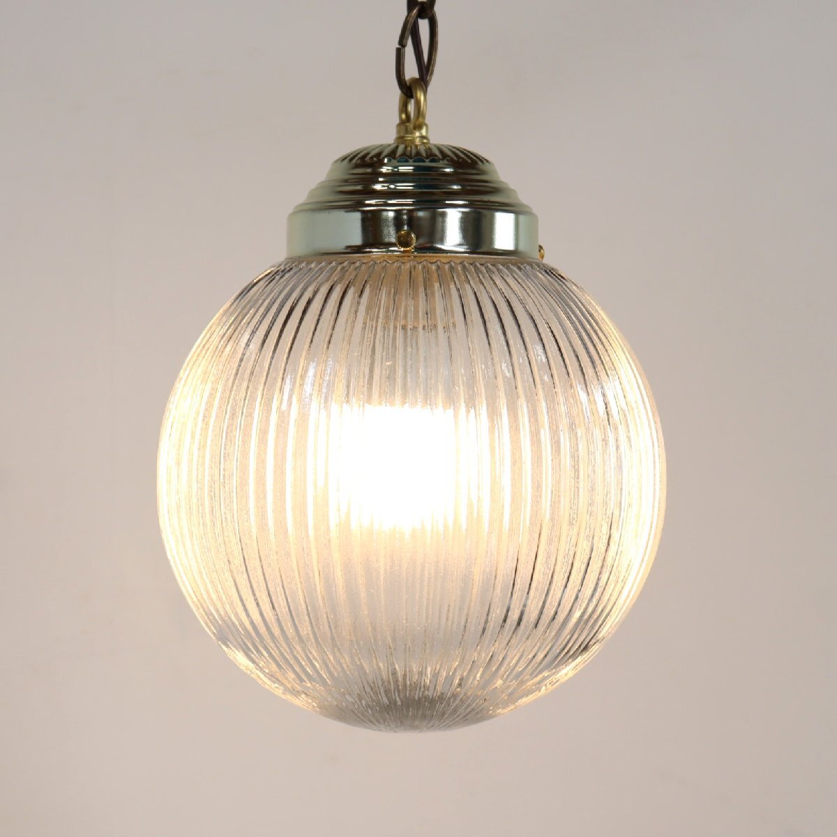 ヴィンテージ カットガラス ペンダントランプ/アンティーク リブ模様 クリアガラス 吊り下げランプ 照明 シーリング#610-20-283-407拍卖