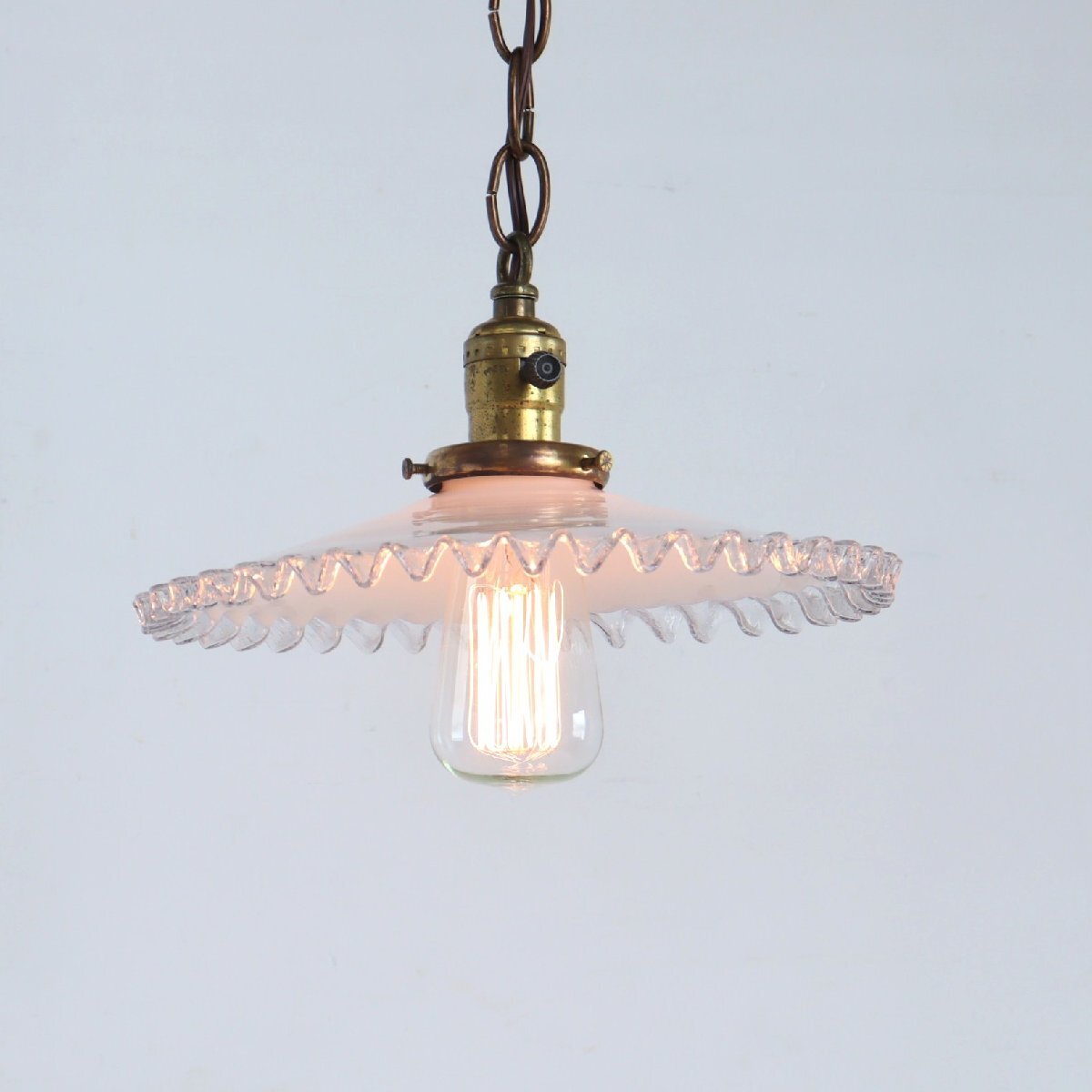 30s~40s フリルシェード ペンダントランプ/アールデコ ミルクガラス エジソン電球 アンティーク 吊り下げランプ 照明 #702-15-281-432拍卖