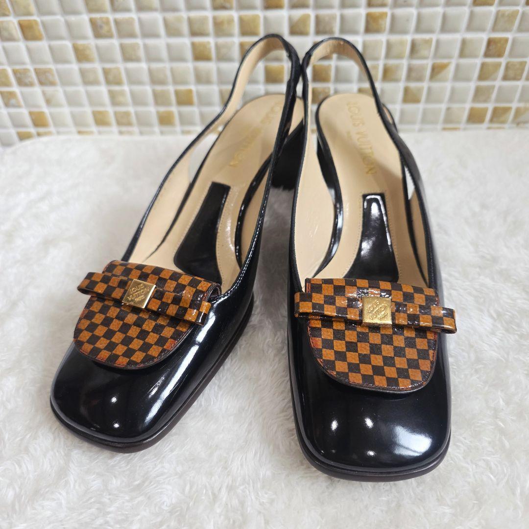 ルイヴィトン Louis Vuitton ダミエ エナメル パンプス 36 スリングバック 美品拍卖