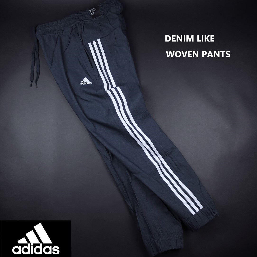 新品 ■ アディダス adidas スリーストライプス デニムライク ウーブンクロス トラックパンツ F23/386紺/【L】定価8250円拍卖