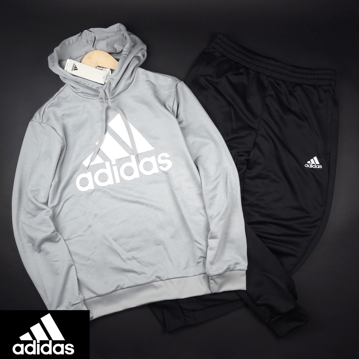新品 ★ アディダス adidas 上下セット フレンチテリー フーディー ジョガーパンツ セットアップ T68/861灰黒/【L】拍卖