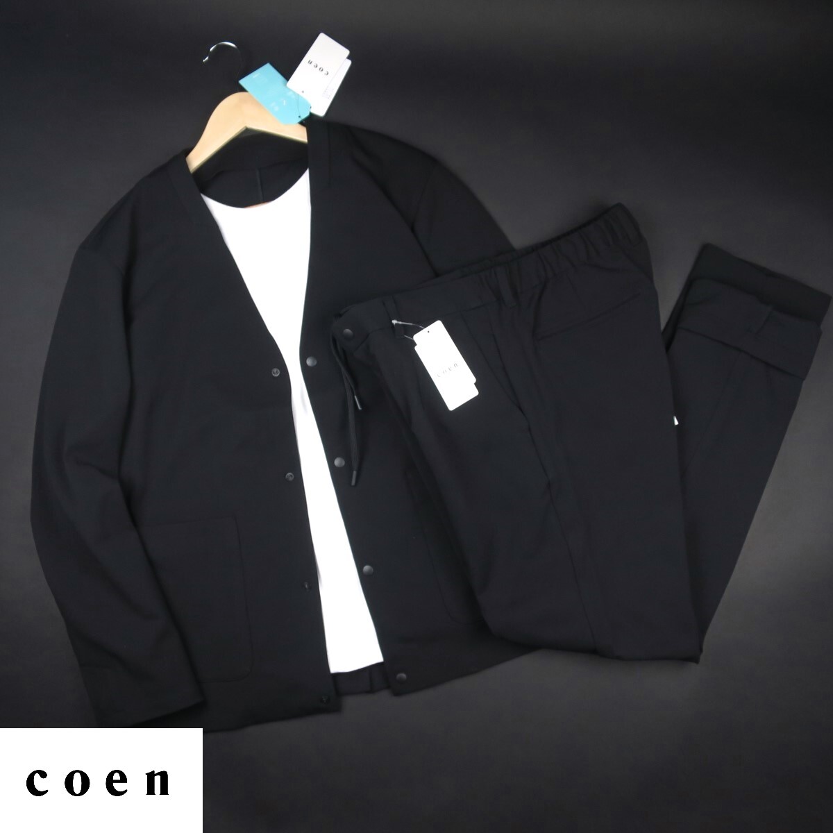 新品 ★ ユナイテッドアローズ コーエン coen ストレッチ ノーカラージャケット パンツ セットアップ 237・375/09黒/【L】拍卖