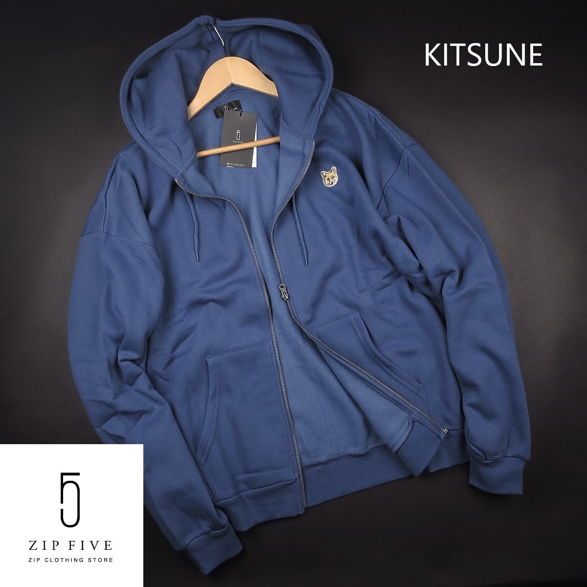新品 ★ ZIP FIVE ジップファイブ KITSUNE キツネ ワンポイント 裏起毛 ジップパーカー フーディー 42bz /109青/【L】拍卖