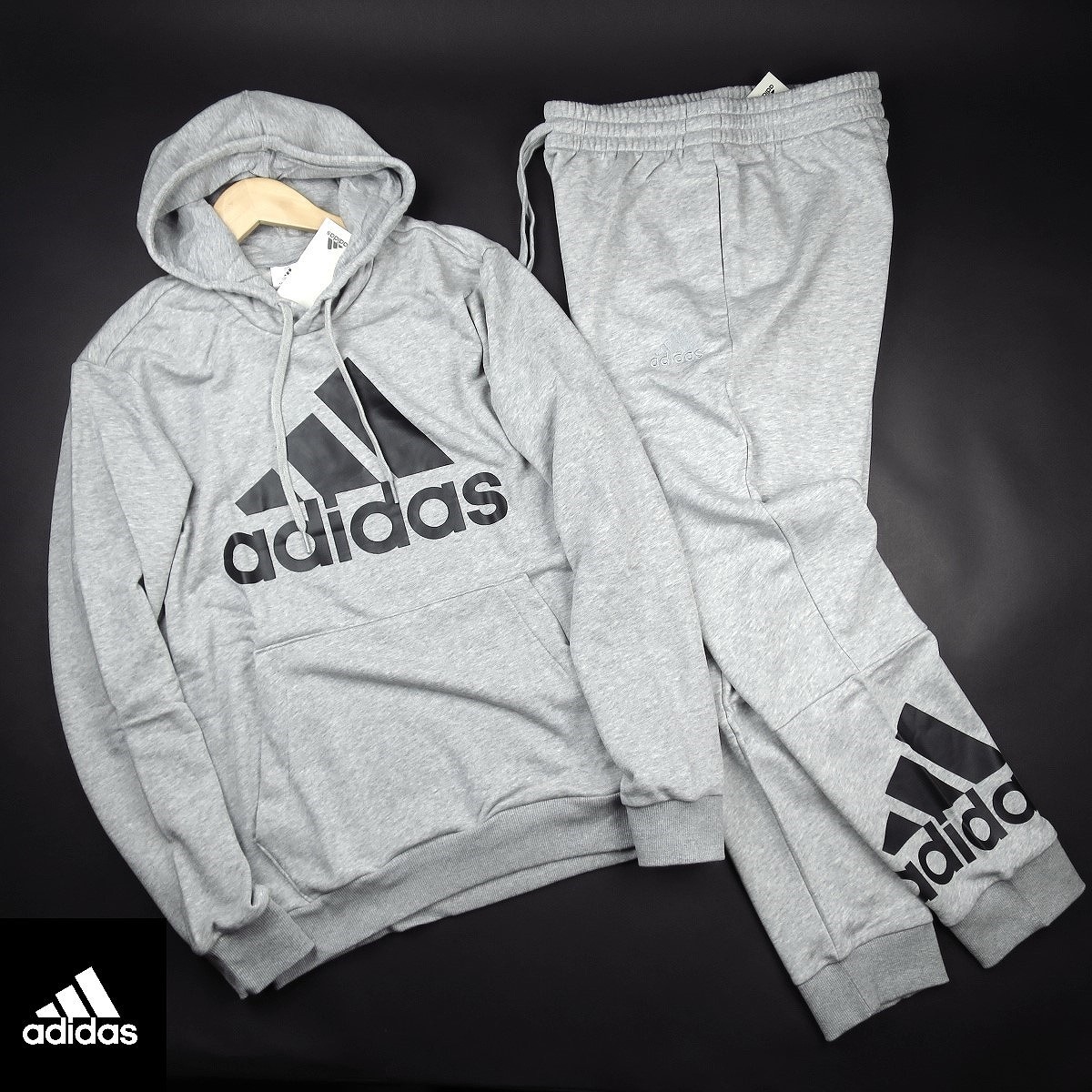 新品 ★ アディダス adidas ESSENTIALSフレンチテリービッグロゴプルパーカーパンツセット217・970/541・978灰/XO【2XL】拍卖