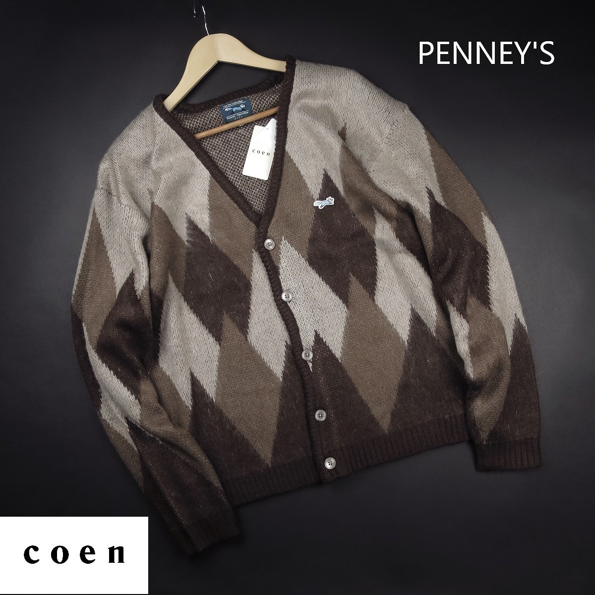 新品 ★ ユナイテッドアローズ コーエン coen PENNEYS Wネーム アーガイル シャギーニットカーディガン029/25茶/【M】 カートコバーン拍卖
