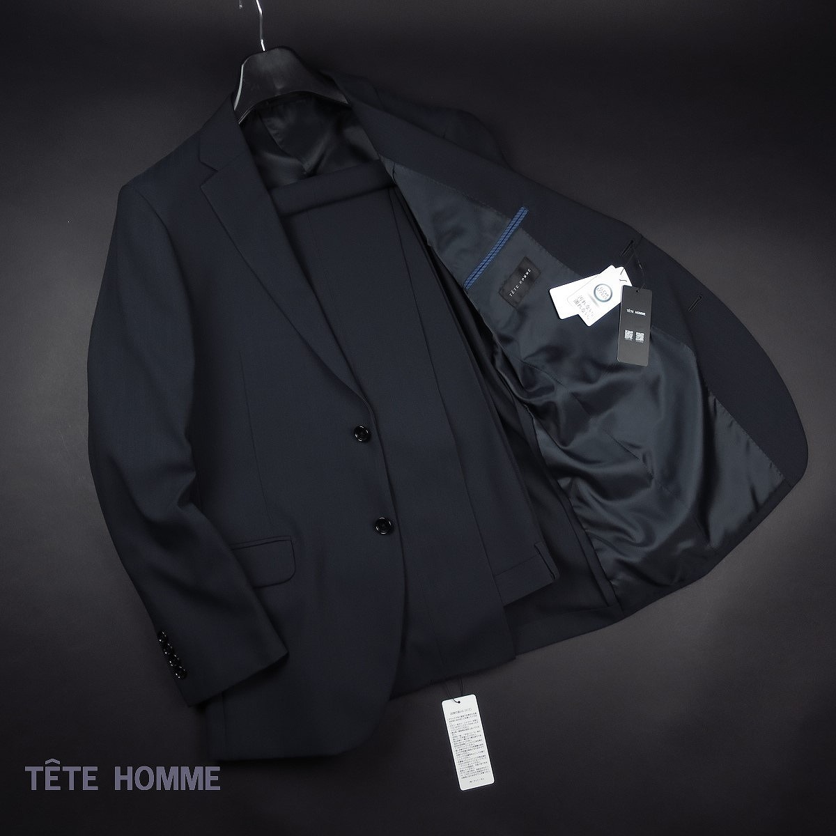 新品 ★ TETE HOMME テットオム ストレッチ スーツ ウォッシャブル セットアップ 3202 94 紺 【M】拍卖