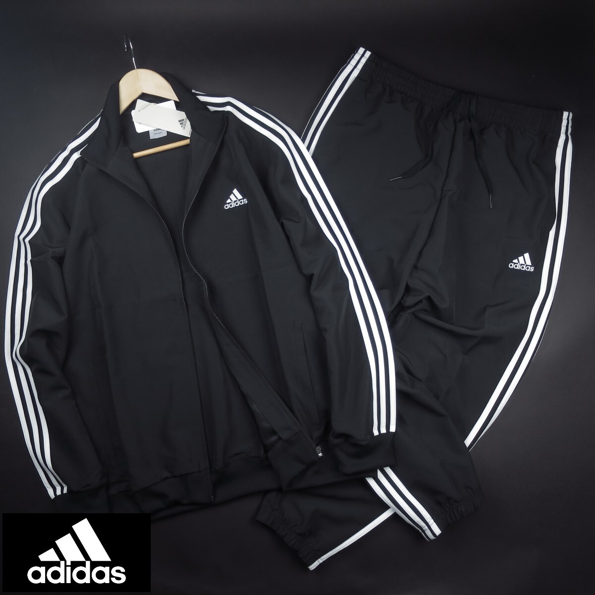 新品 ★ アディダス adidas スリーストライプス ウーブン トラックスーツ セットアップT01/750黒/O【XL】拍卖