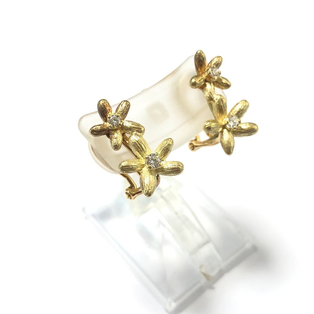 K18 ダイヤモンド 0.07ct×2 お花 ピアス クリップ式ピアス イエローゴールド 作家物拍卖