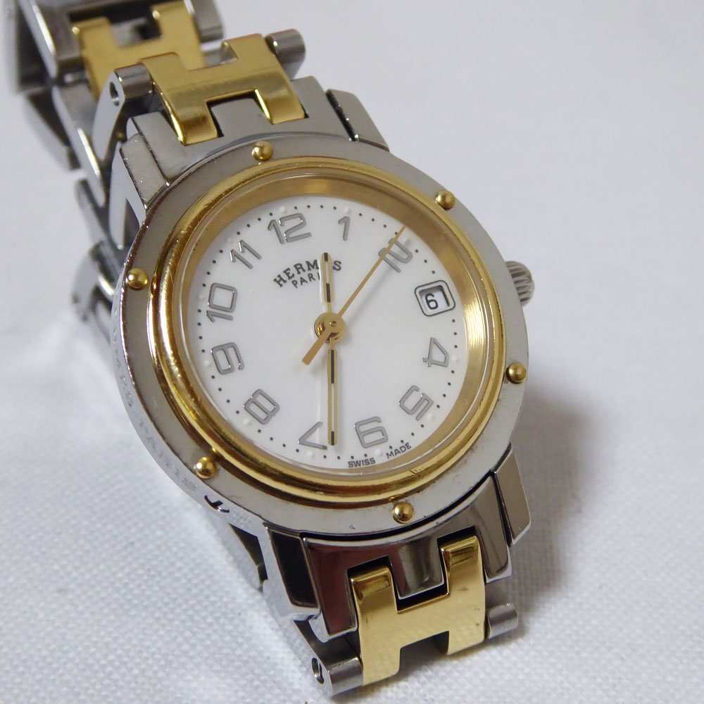 エルメス Herms クリッパー ラウンド コンビ レディース シェル文字盤 デイト表示 腕時計 クォーツ CL4.220拍卖
