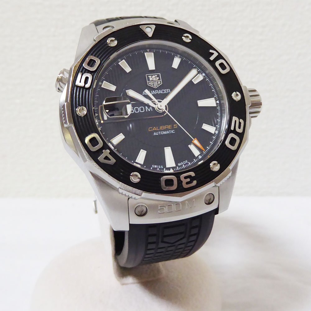 【美品】TAGHeuer タグホイヤー AQUARACER アクアレーサー WAJ12110 黒文字盤 500m防水 替えベルト デイト表示 シースルーバック拍卖