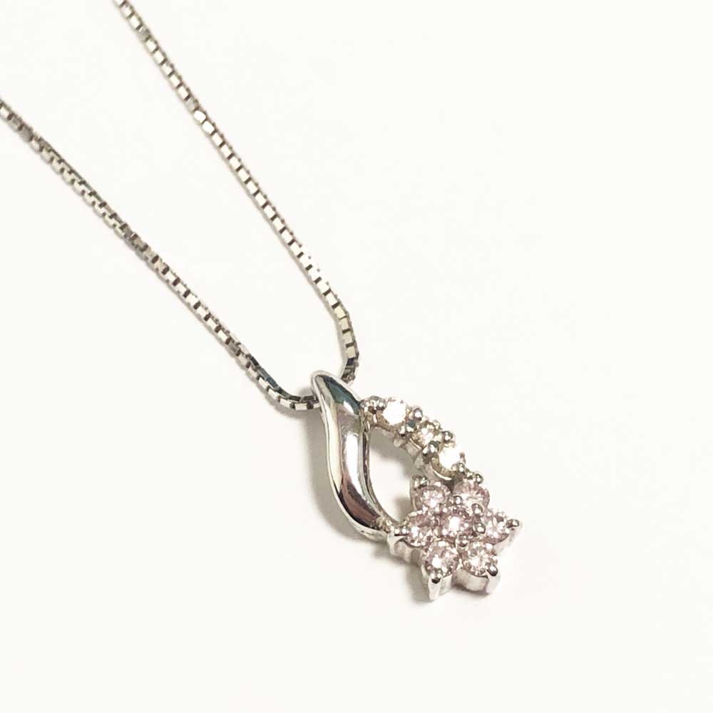 K18WG ピンクダイヤモンド 石目無し ネックレス お花デザイン ホワイトゴールド スライドアジャスター拍卖