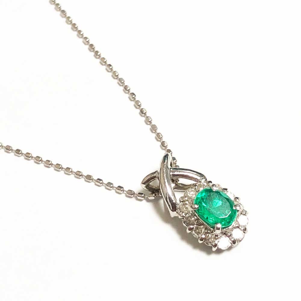 K18WG エメラルド0.4ct ダイヤモンド0.16ct ネックレス ホワイトゴールド スライドアジャスター拍卖