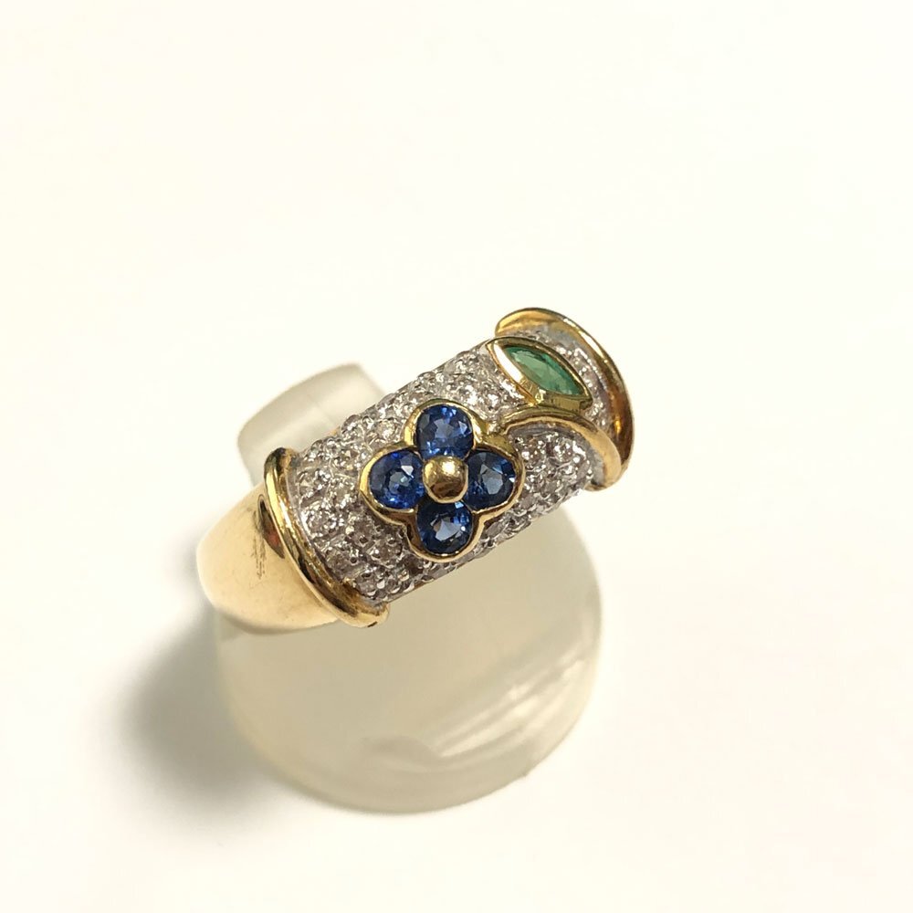 K18 ダイヤモンド0.18ct サファイアエメラルド0.45ct リング イエローゴールド 指輪 #13 13号 お花デザイン拍卖