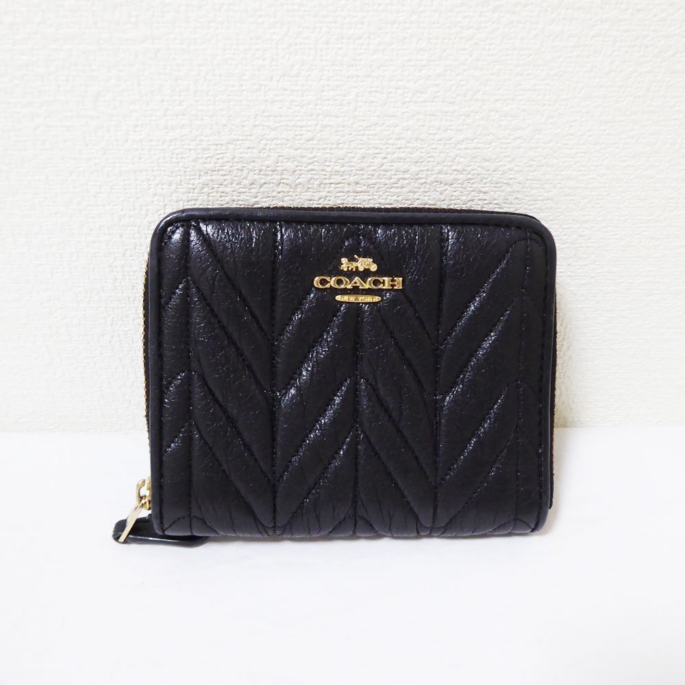 COACH コーチ キルティングレザー ブラック 赤茶 ゴールド金具 コンパクト財布 ラウンドファスナー拍卖