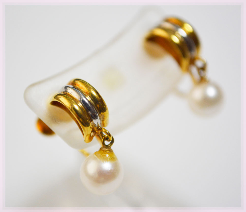 K18 Pt900 パール イヤリング イエローゴールド プラチナカラー パール6㎜ 揺れる イヤリング ネジ式 イヤリング拍卖