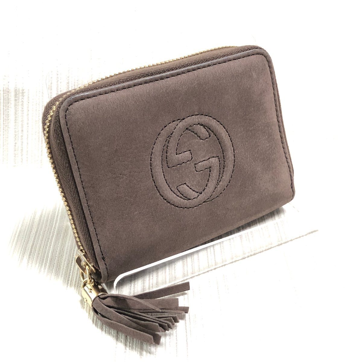 GUCCI グッチ ソーホー インターロッキングGG レザー コイン カードケース ブラウン フリンジファスナー コンパクト財布拍卖