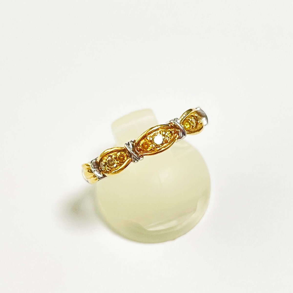 K18 Pt950 イエローダイヤモンド 0.16ct ミル打ちデザイン リング #13 コンビカラー 拍卖