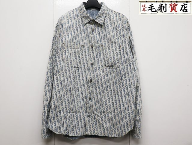 Dior HOMME ディオールオム 013D585BY989 オブリーグ 総柄 コットン デニムシャツ サイズ39 ブルー ホワイト メンズ 【拍卖