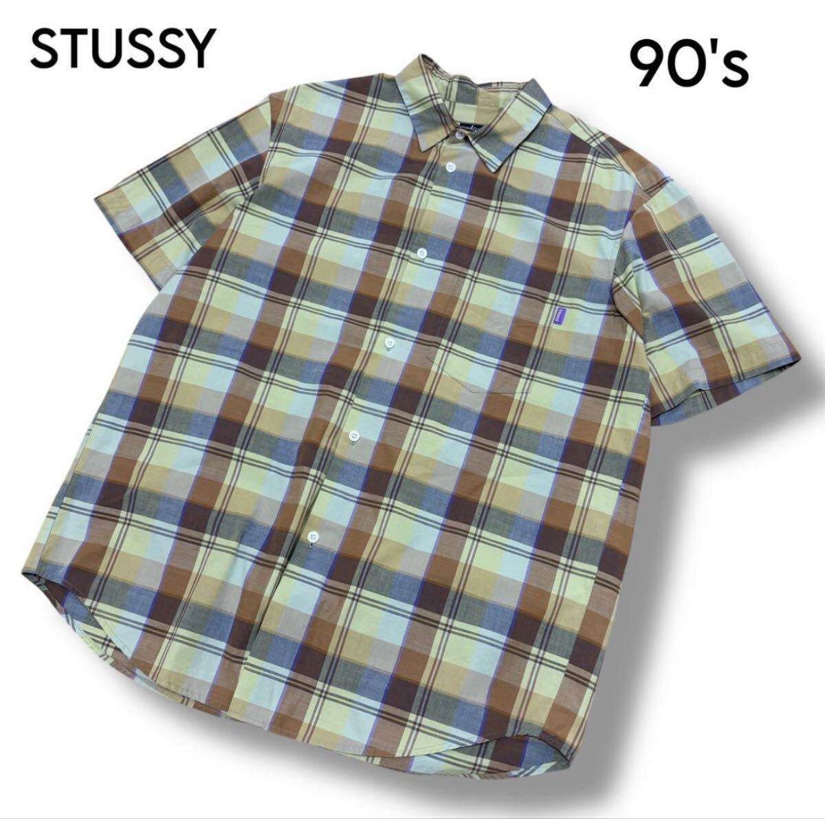 【STUSSY】90's USA製 チェック柄 半袖シャツ ロゴボタン拍卖