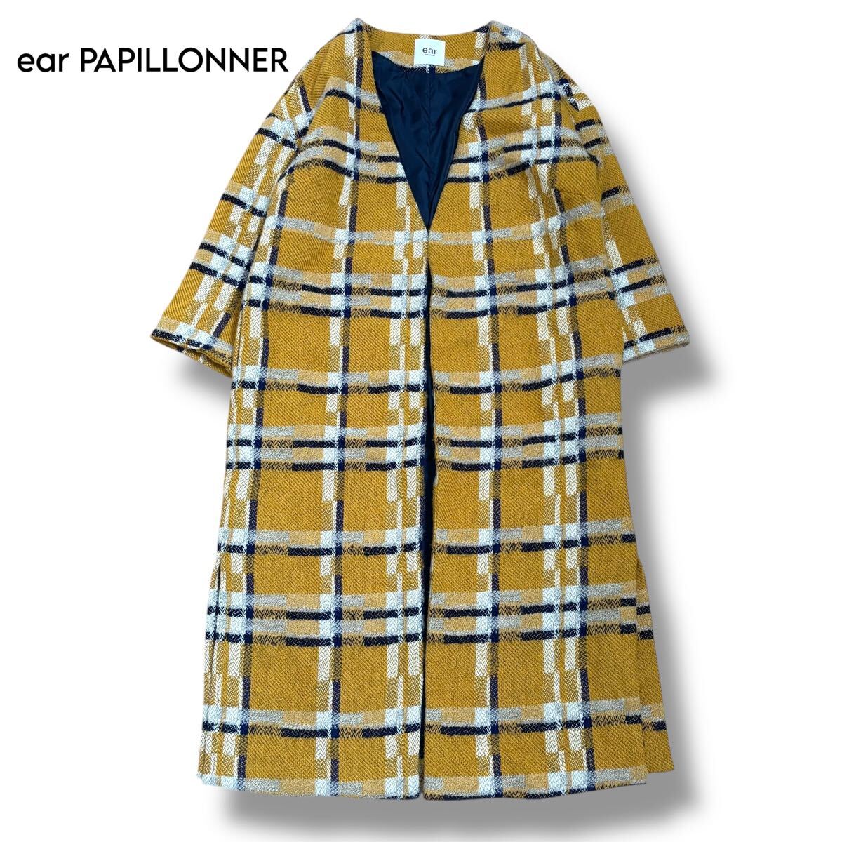 【ear PAPILLONNER 】チェック×イエロー ノーカラーコート拍卖
