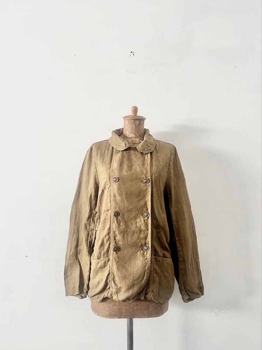 【美品】ARMEN リネンヘリンボーンラウンドカラーダブルジャケット拍卖
