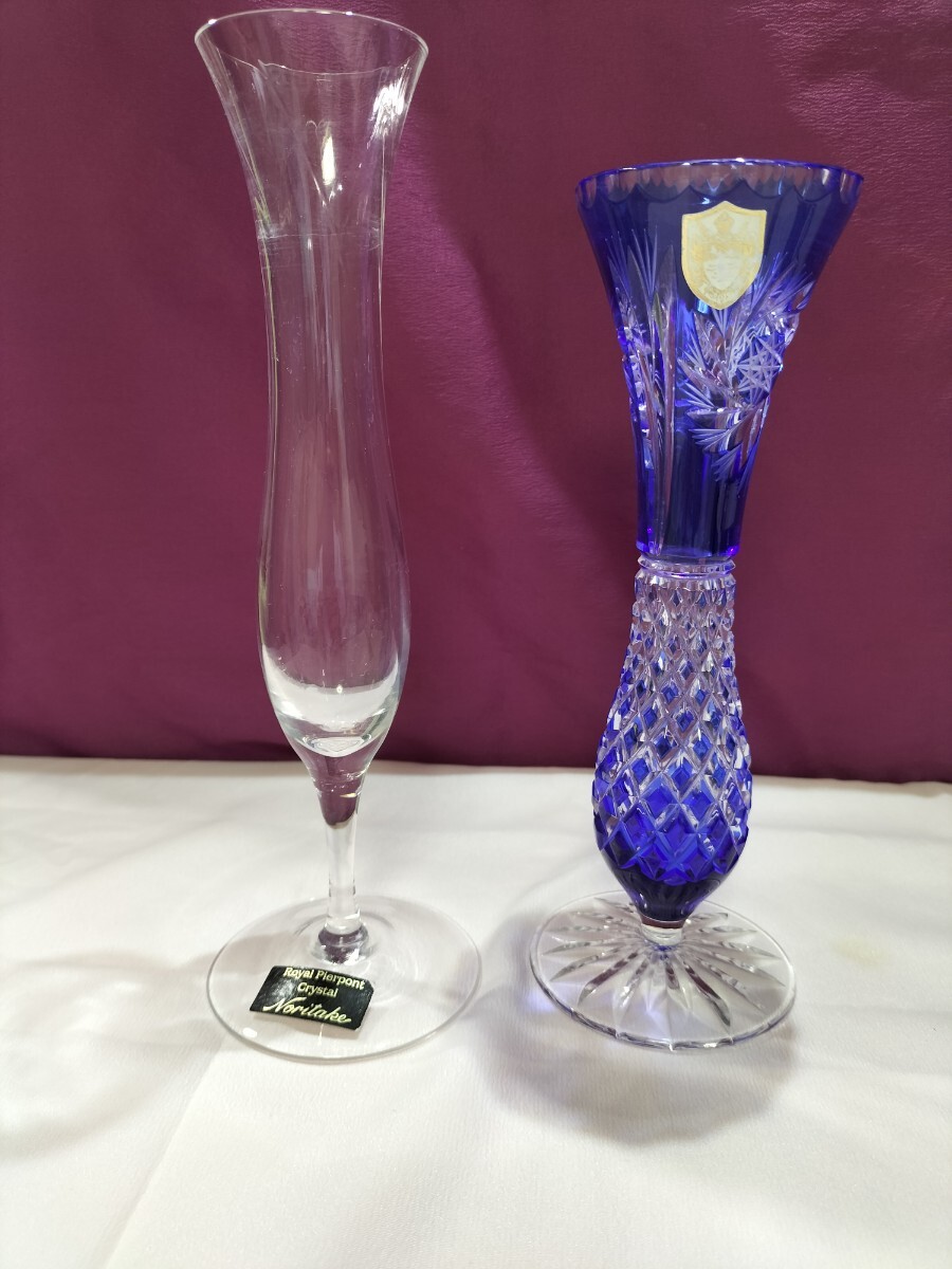 クリスタル一輪挿2本 Royal PieaPont Noritake ドイツ製青カットグラス フラワーベース 花瓶 花器 タグ付き  インテリア拍卖