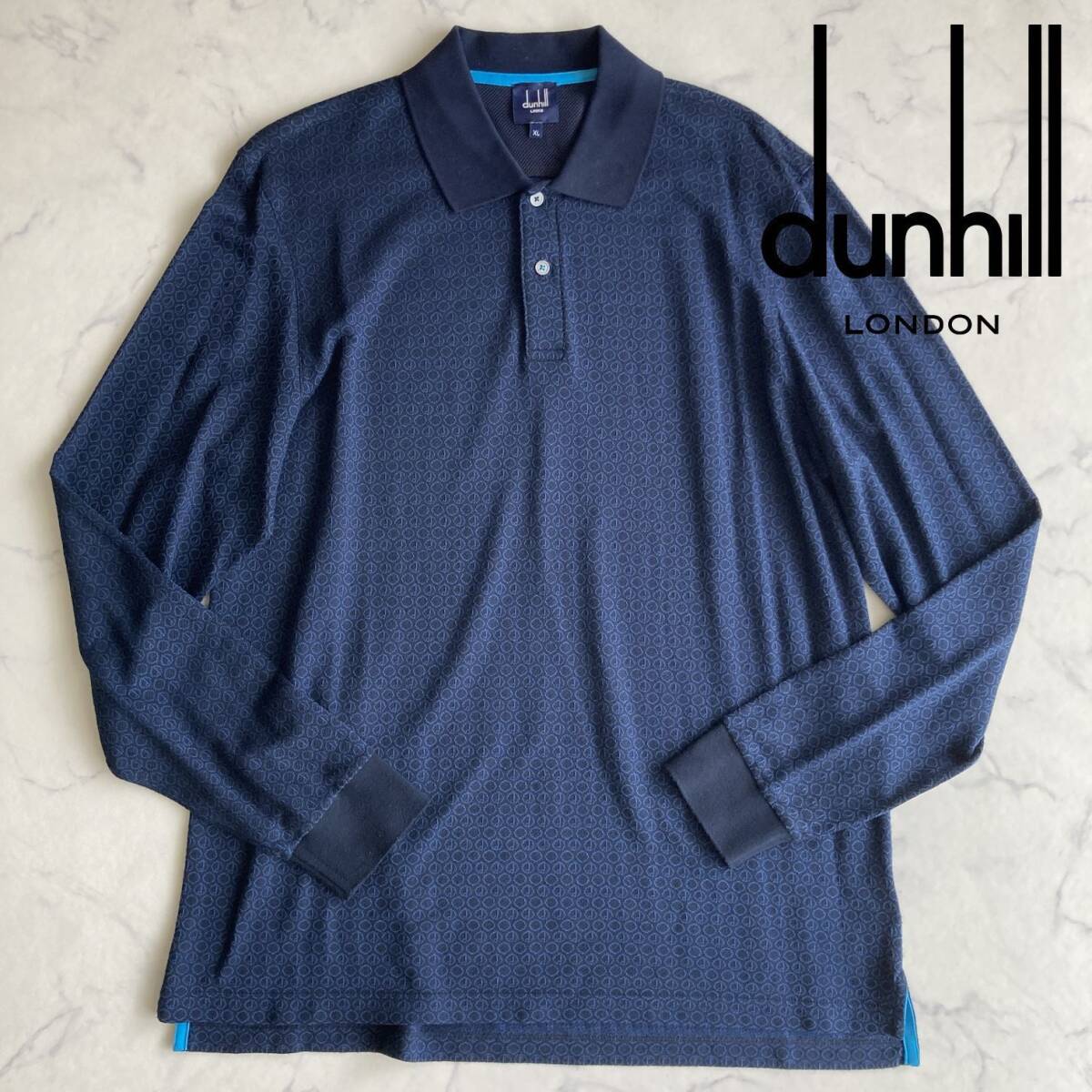 大きめXLサイズ!!◎【上質な英国エレガンスを纏う】■ダンヒル Dunhill■ シャドージャカード織ニットポロシャツ 長袖 ビジネス カジュアル拍卖