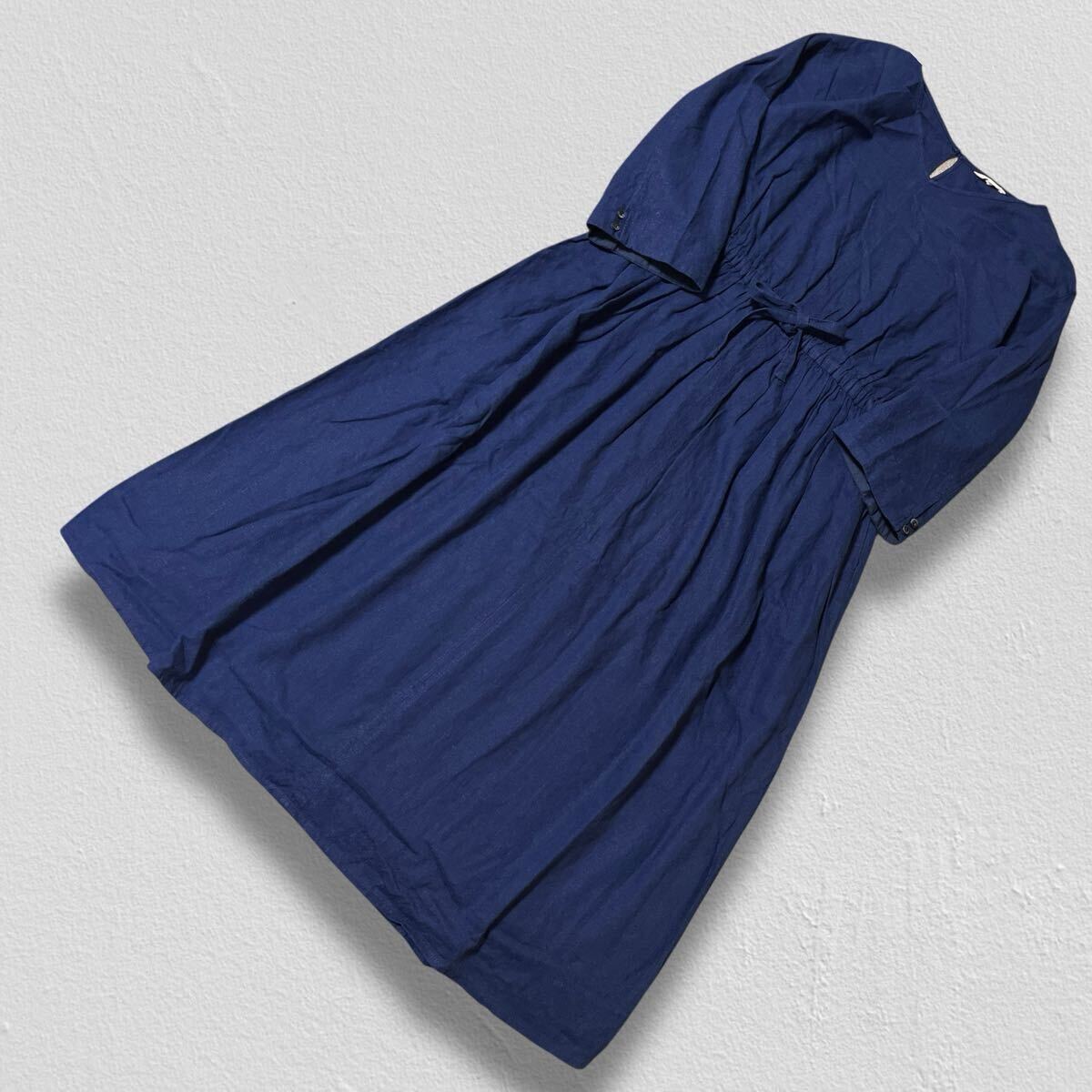 studio CLIP 長袖リネンブレンドワンピース ネイビーブルー L ●洗濯プレス済● スタディオクリップ 紺 ロング ウエストゴム 古着/702拍卖