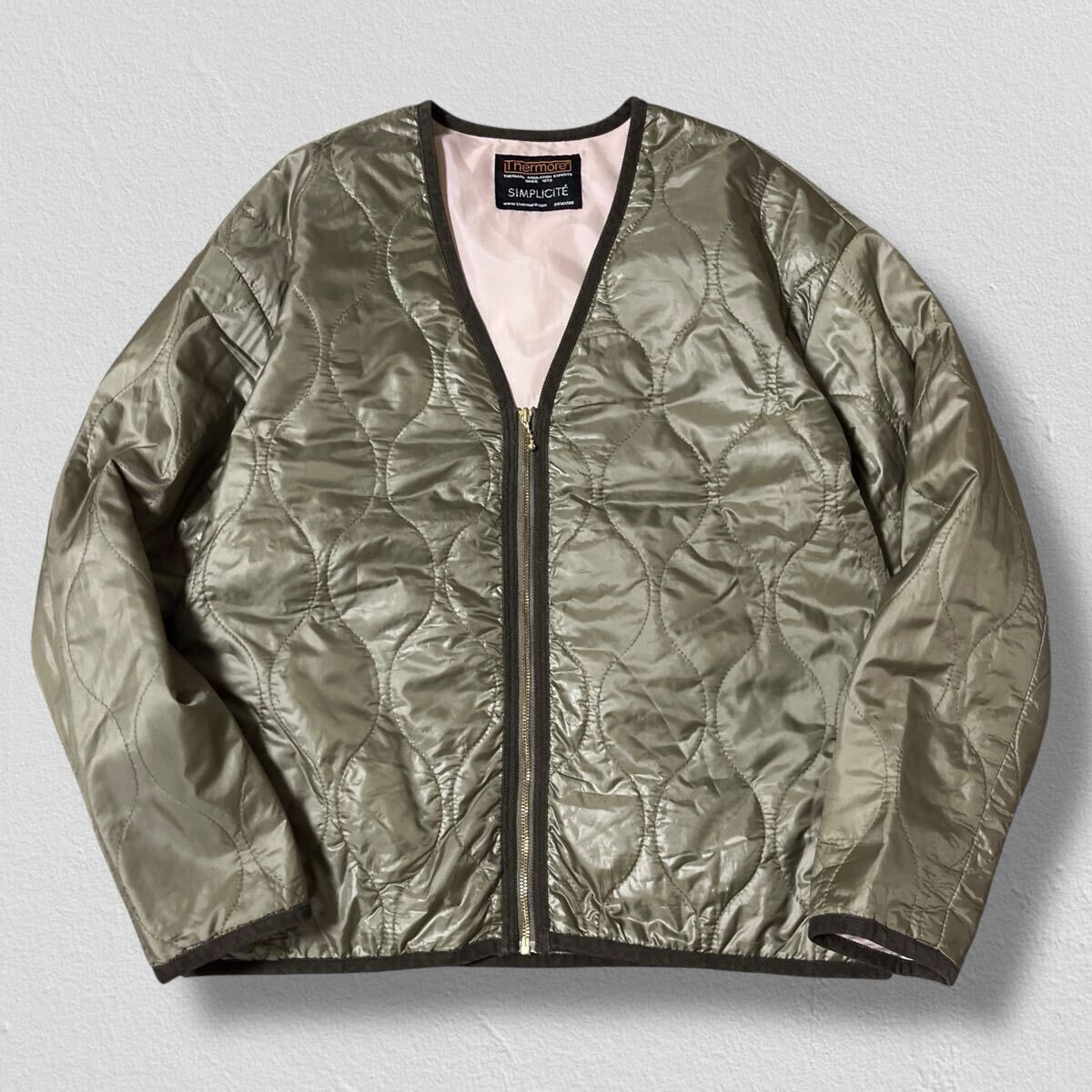 SIMPLICITE Thermore Vネックキルティングジャケット カーキ 38 ●選択プレス済● サンプリシテ 緑 キルティング ジャケット 古着/709拍卖