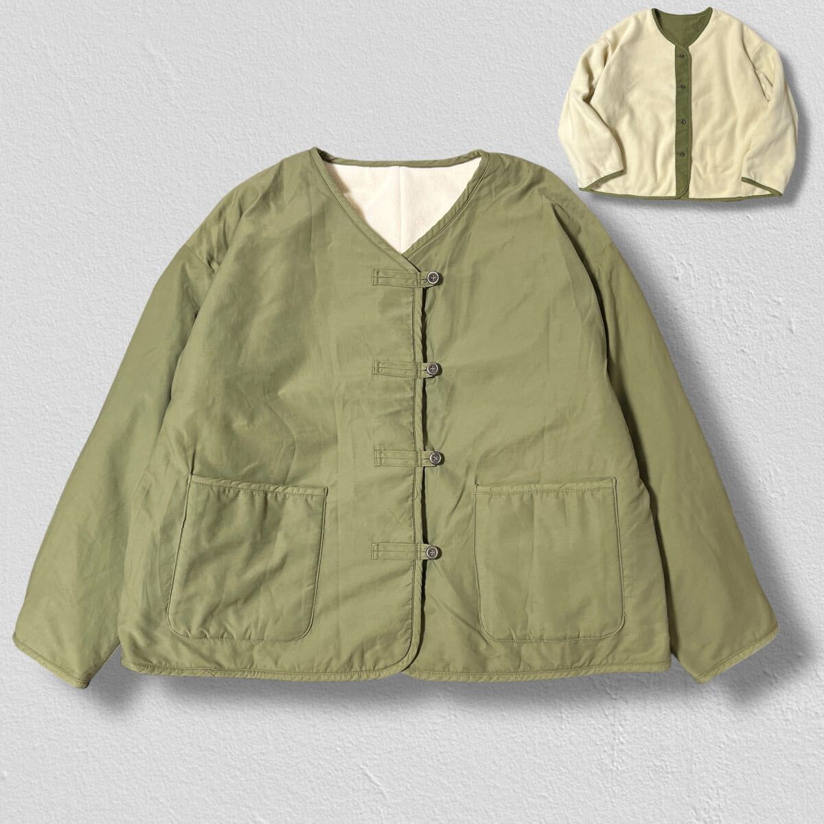 Samansa Mos2 2WAY リバーシブルキルティングボアジャケット カーキ×アイボリー フリーサイズ ●洗濯プレス済●サマンサモスモス 古着/711拍卖