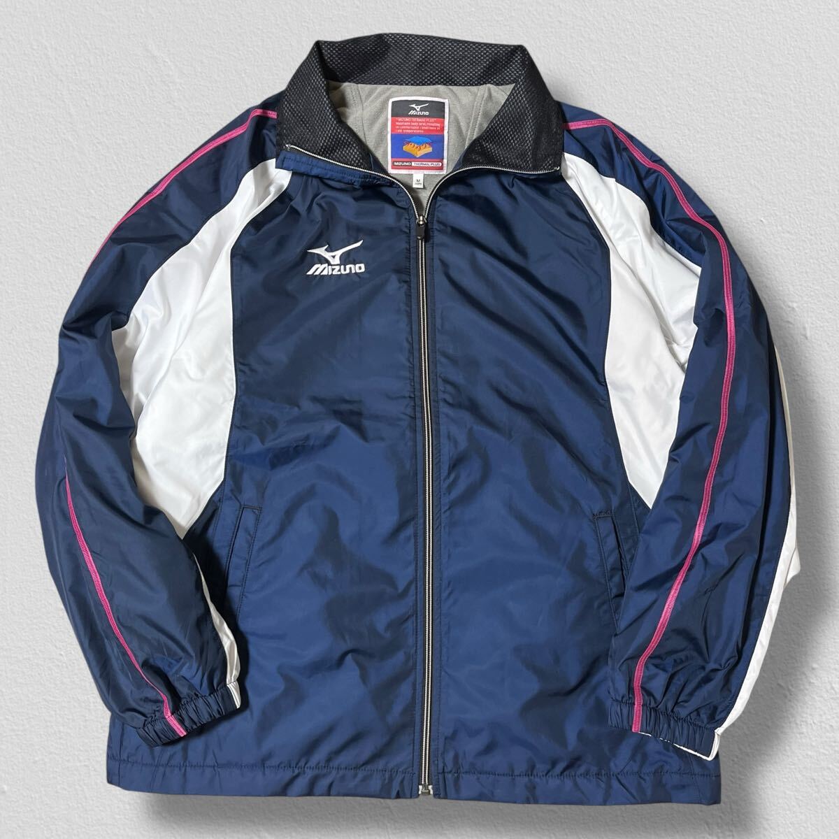 MIZUNO トレーニングジャケット ネイビー×ホワイト×ピンクライン M ●洗濯プレス済●ミズノ ジャージ 紺 スポーツ ジャケット 古着/712拍卖