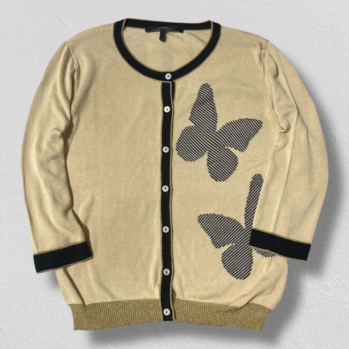 MaxMara WEEKEND LINE 8部袖ニットカーディガン ベージュ×ブラック M ●洗濯プレス済● マックスマーラ ニット 羽織り 薄手 古着/725拍卖