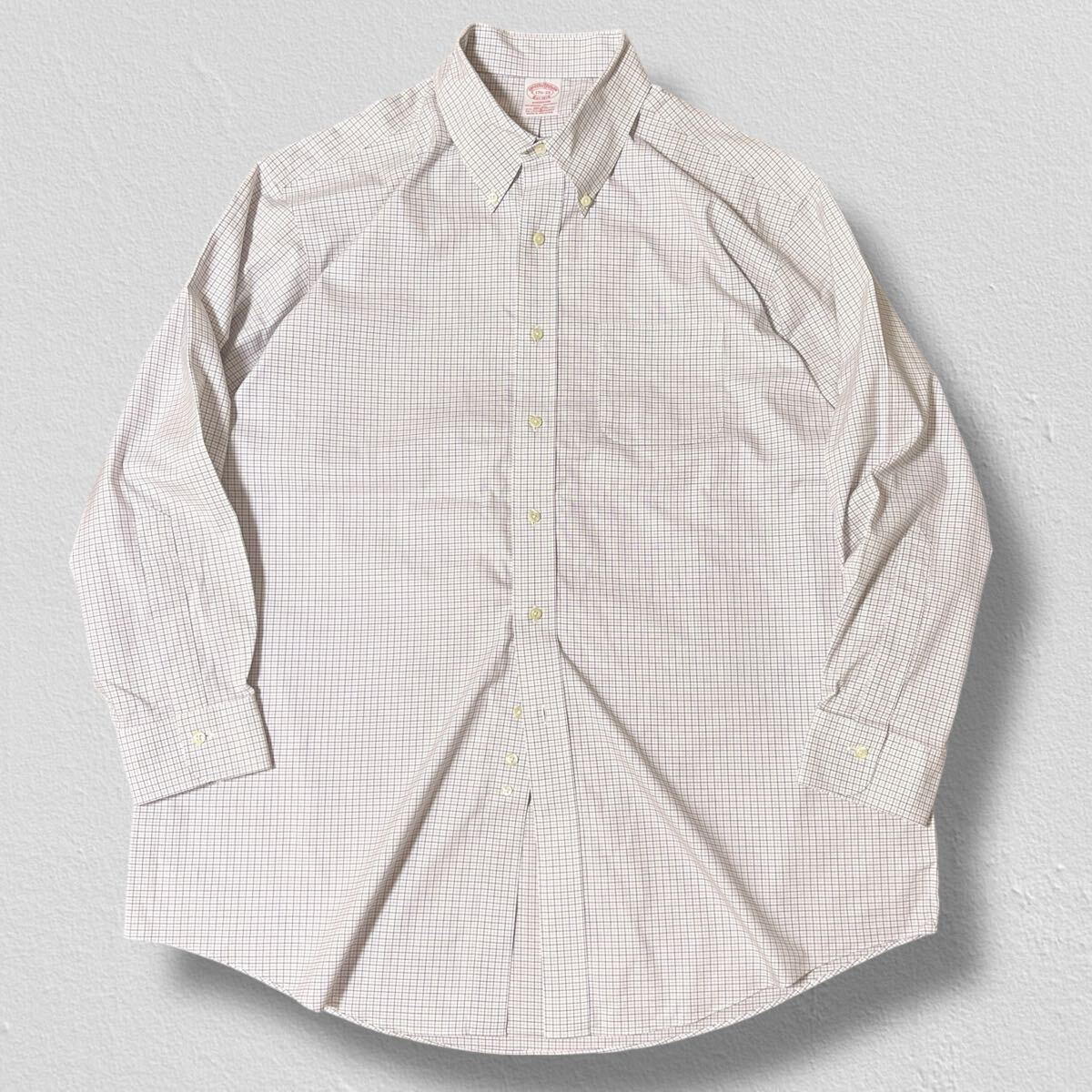 BrooksBrothersEst.1818 長袖ボタンダウンシャツ ホワイト×ブラウン×ネイビーチェック柄 17 1/2-33●洗濯プレス済●ネコポス可●古着/754拍卖