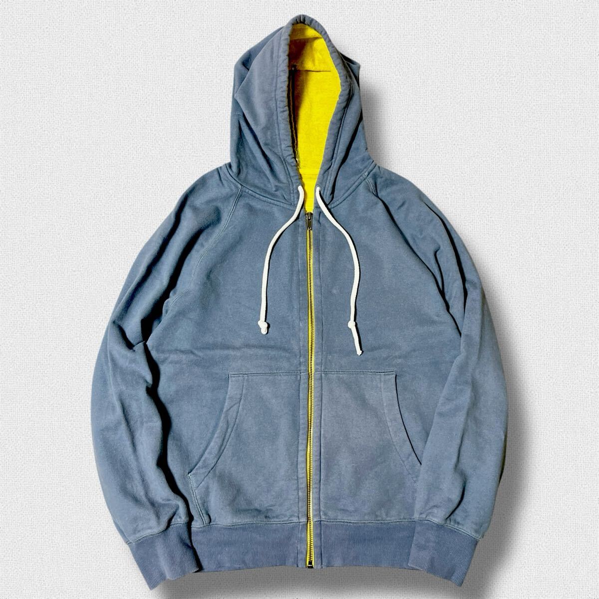 GAP フーディージップアップパーカー くすみブルー×イエロー L ●洗濯プレス済● ギャップ スウェット トレーナー ライト 古着/771拍卖