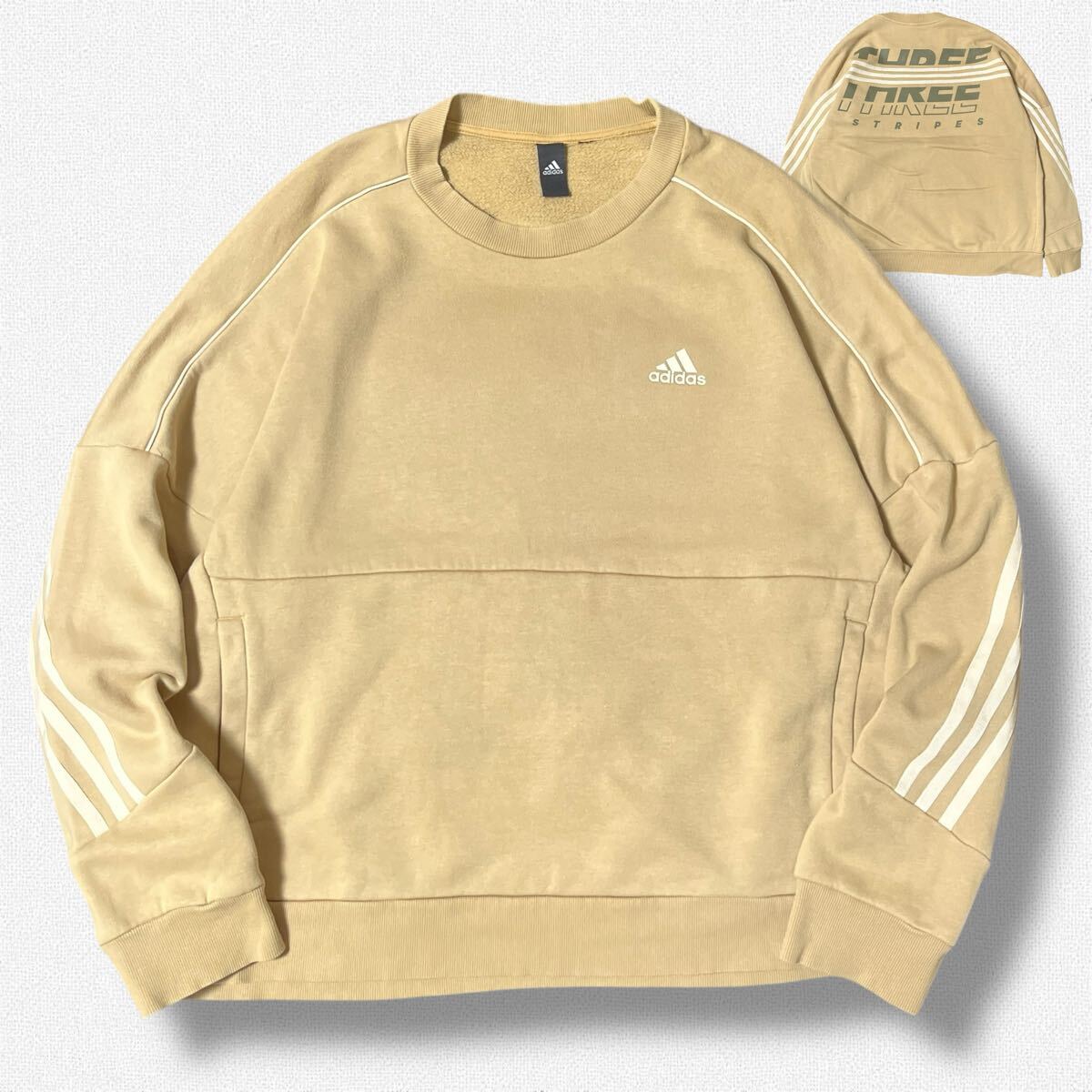 adidas 長袖クルーネック起毛スウェットベージュ系 L ●洗濯プレス済● アディダス トレーナー スリーストライプ バックプリント 古着/776拍卖
