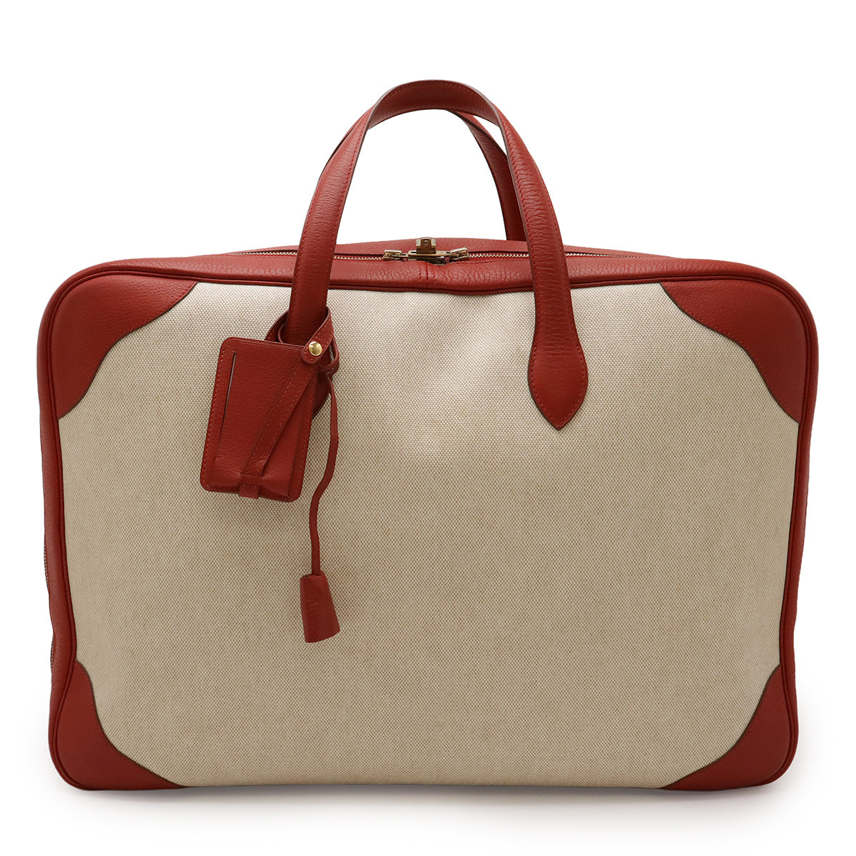 HERMES エルメス ヴィクトリア50 ボストンバッグ 旅行カバン トラベルバッグ キャンバス コーティング レザー ベージュ レッド 赤拍卖