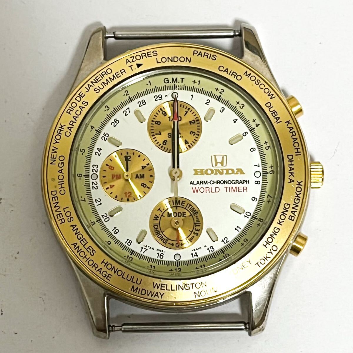 和854A★ HONDA WORLD TIMER NR4J-6A00 500228 ホンダ クォーツ クロノグラフ 腕時計 ウォッチ 3針 シルバー ゴールド メンズ拍卖