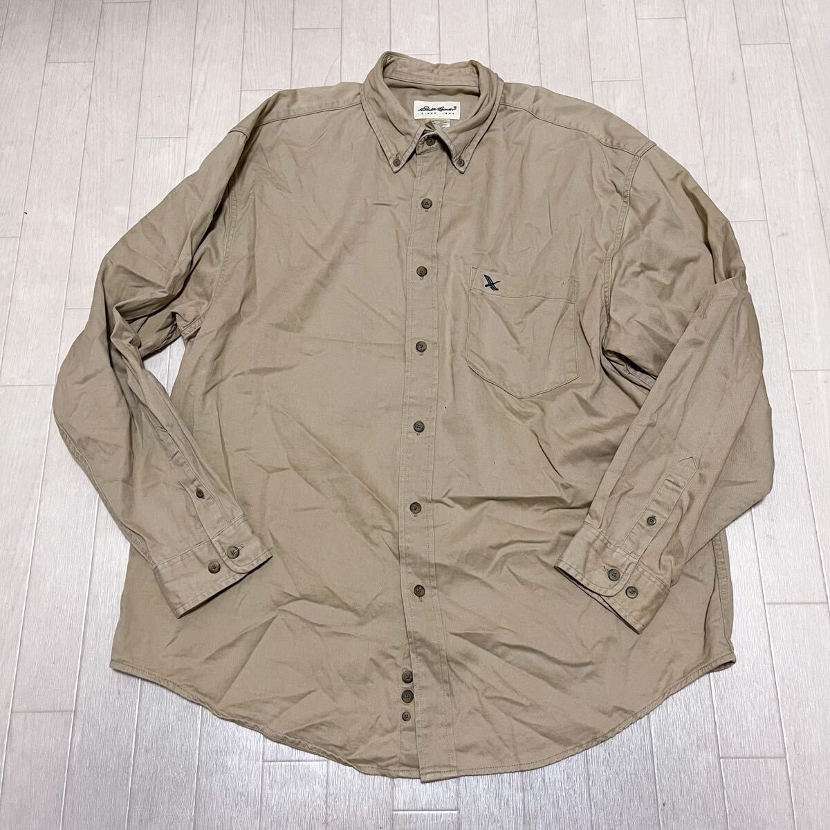 和856★ Eddie Bauer エディーバウアー ボタンシャツ ボタンダウン 長袖 胸ポケット L ベージュ メンズ拍卖