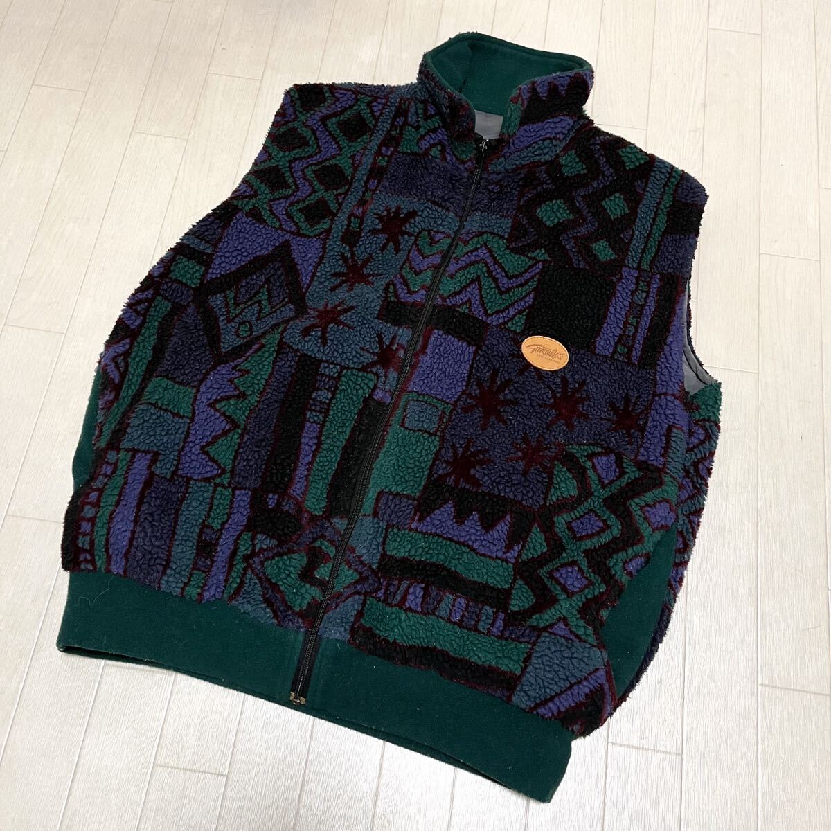 和619★ 古着 Greatmates ボアフリース ジップアップベスト ノースリーブブルゾン 総柄 M ブルー グリーン メンズ拍卖